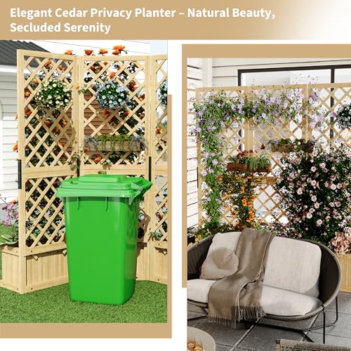 GarveeLife Cedar Privacy Screen with Planter Box - 3-Panel Freestanding Garden Fence, 62 in x10 in x65 in Tall Outdoor Divider with Drain Holes & Raised Bed for Patio, Deck & Backyard (Natural Wood) GarveeLife