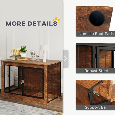PawHut 39" Dog Crate Furniture with Flip-up Top Opening, Decorative Dog Kennel Furniture Side Table with 2 Doors for Large Breeds, Rustic Brown PawHut