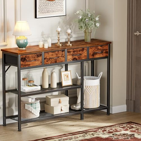 Furnulem Entryway Table 47'' Sofa Console Table with 4 Fabric Drawers, Industrial Entry Way Shoe Rack with Metal Mesh Shelf for Front Door, Foyer Wooden Top, Sturdy Metal Frame, Rustic Brown Furnulem