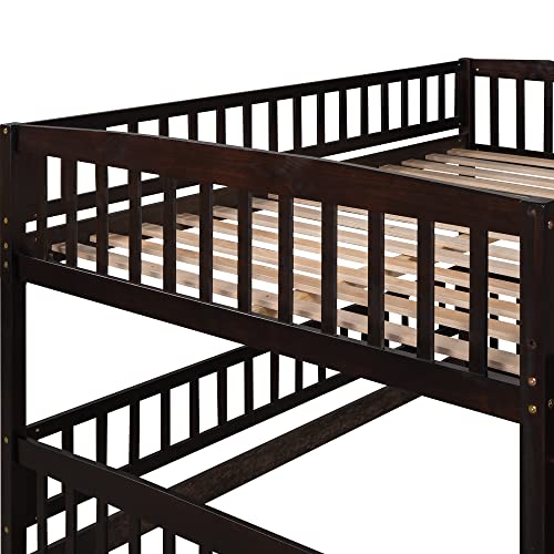 Merax Full Over Full Bunk Bed with Slide, Low Bunk Bed with Fence and Ladder, Solid Pine Wood Structure forBedroom, Espresso Merax