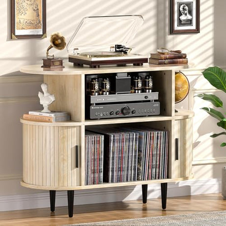 UODERS Large Record Player Stand with Storage and Shelves, Mid Century Modern Record Player Cabinet with Doors, Vinyl Record Player Table Holds 150+ Records for Living Room Bedroom (Nature) UODERS