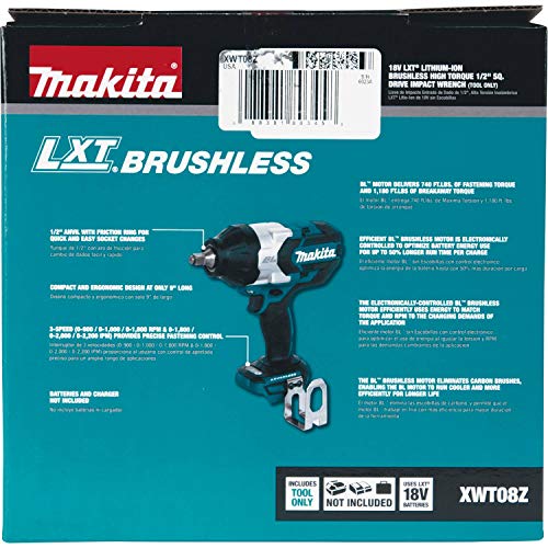 Makita XWT08Z 18V LXT® Lithium-Ion Brushless Cordless High-Torque 1/2" Sq. Drive Impact Wrench, Tool Only Makita