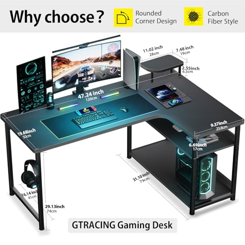 GTRACING L Shaped Gaming Desk, Carbon Fiber Style Computer Desk Compatible with Monitor Arm Storage Shelves Corner Desk Gaming Table for Home Office Desks Easy to Assemble Adjustable Shelf Height GTRACING