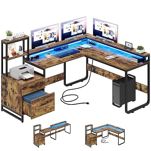 YITAHOME L Shaped Desk with Power Outlets & LED Lights, Reversible Computer Desk with Drawers & Hutch, Corner Desk Office Desk with Monitor Stand,