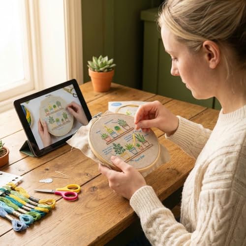 QIZUOLIFE 3 Pack Embroidery Kit for Adults Beginners, Pre‑Stamped Potted Plant Flower Basket Needlepoint Set, DIY Needlework Supplies with Step‑by‑Step Video Tutorials, Handmade Craft Gift Home Decor