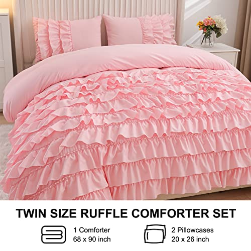 Holawakaka Pink Waterfall Ruffle Comforter Set Twin Size Multi-Layers Ruffled Shabby Chic 3PCS Bedding Set for Girls Women Holawakaka