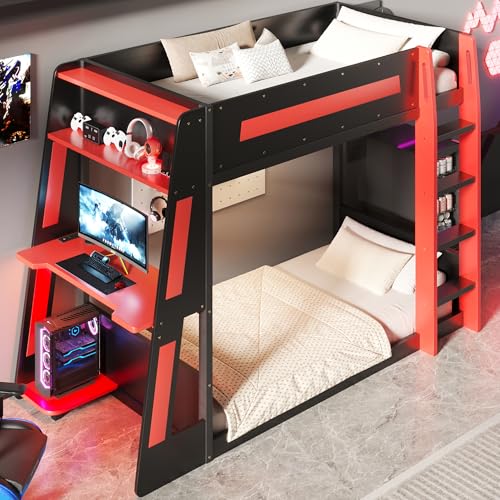 Twin Size Gaming Bunk Bed with Desk & LED Light & Charging Station,Twin over Twin Wood Loft Bed Frame with 2 Storage Shelves & Safety Guardrails & Ladder for PC & Console Gamers Bedroom,Black Red FUvellamo