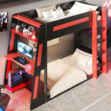 Twin Size Gaming Bunk Bed with Desk & LED Light & Charging Station,Twin over Twin Wood Loft Bed Frame with 2 Storage Shelves & Safety Guardrails & Ladder for PC & Console Gamers Bedroom,Black Red FUvellamo