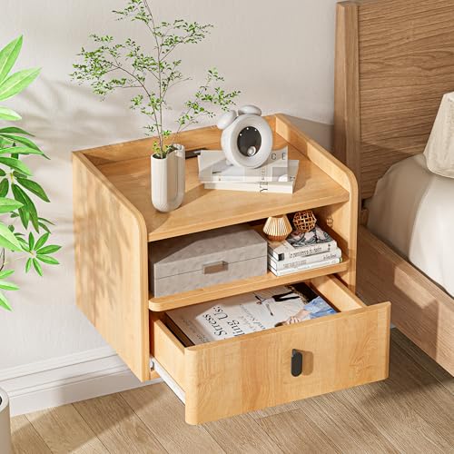 GENGKHAN Floating Nightstand Set of 2, Modern Wall Mount Bedside Table with Drawer & Open Shelf, Space-Saving Night Stands with Charging Station, Natural Wood Finish for Bedroom GENGKHAN