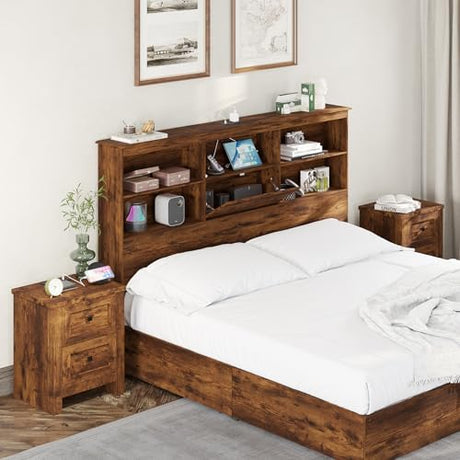 AMERLIFE Nightstand Set of 2 with Charging Station, Rustic Bedside Table with Drawers Storage, Farmhouse Wood Night Stand for Bedroom, Living Room, Rustic Brown AMERLIFE