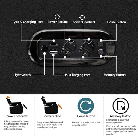 comfiroom Home Theater Seating Simple Style Top Grain Nappa Leather Recliners Chair Dual Power Movie Gaming Sofa Chair Electric Headrest with Tray Table Type-C USB Charger (Black, Row of 1) comfiroom