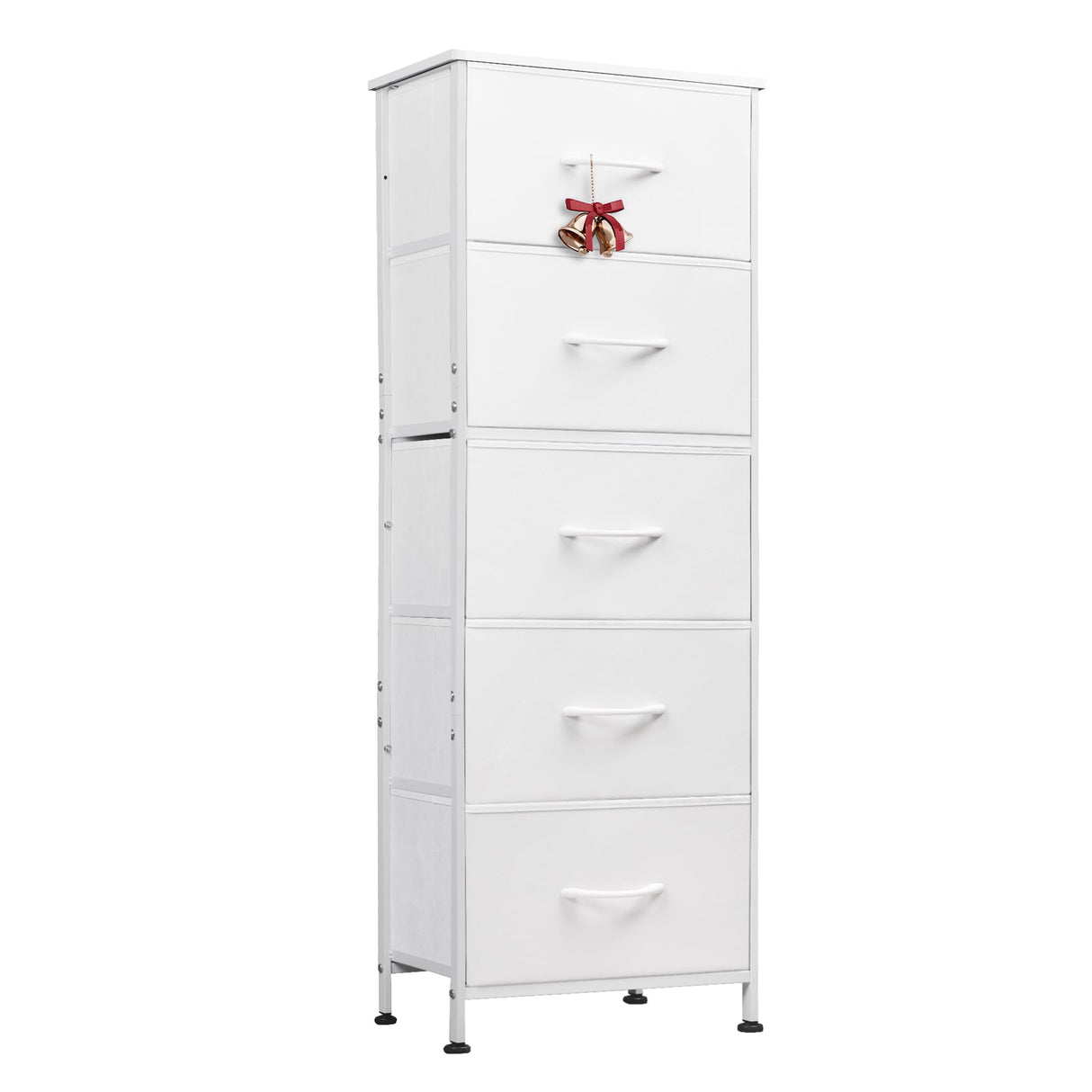 WLIVE Fabric Dresser, 5-Drawer Tall Dresser for Bedroom, Storage Dresser Organizer with Fabric Bins, Wood Top, Sturdy Steel Frame, Chest of Drawers for Closet, Hallway, White WLIVE