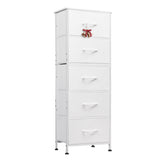 WLIVE Fabric Dresser, 5-Drawer Tall Dresser for Bedroom, Storage Dresser Organizer with Fabric Bins, Wood Top, Sturdy Steel Frame, Chest of Drawers for Closet, Hallway, White WLIVE