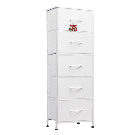 WLIVE Fabric Dresser, 5-Drawer Tall Dresser for Bedroom, Storage Dresser Organizer with Fabric Bins, Wood Top, Sturdy Steel Frame, Chest of Drawers for Closet, Hallway, White WLIVE