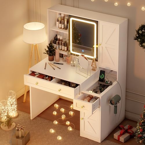 Pamapic Glass Top Sliding Mirror Vanity Desk with Lights, Makeup Vanity with Jewelry Storage, 3 Drawers, 12 Compartments, Golden Handles, 3 Color Dressing Table with Charging Station, Bedroom, White Pamapic