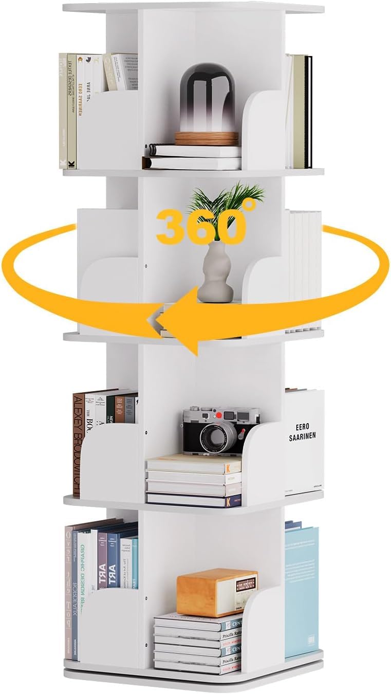 Rotating Bookshelf Tower, 4 Tier Small Spinning Corner Bookshelf for Small Spaces, 360 Display Kids Bookshelves Floor Standing Bookcase Storage Rack Wood Book Shelf Organizer for Bedroom Room, White Turosur