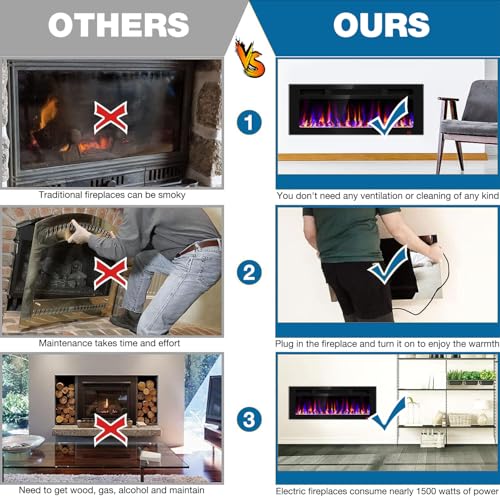 43 Inch Electric Fireplace Recessed and Wall Mounted, Fireplace Heater and Linear Fireplace, Ultra-Thin Electric Fireplace, Low Noise, with Timer, Remote Control, Adjustable 12 Flame Color, 750/1500W Sixfivsevn
