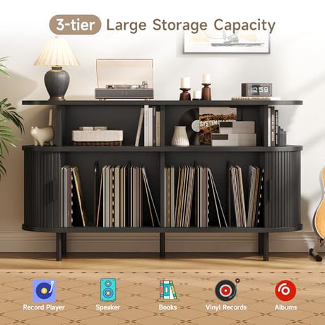 55" Large Round Record Player Stand with Charging Station, Vinyl Record Storage Cabinet, Mid Century Modern Turntable Stand with Open Shelves Holder for Bedroom Living Room, Sliding Doors (Black) ONBRILL
