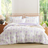 CCoutueChen Purple Bow Comforter Set Full 3 Pieces Floral Bedding Set for Girls Kids, Romantic Princess Style Bowknot Bedding, Ultra Soft Microfiber Garden Flower Comforter Sets with 2 Pillowcases CCoutueChen