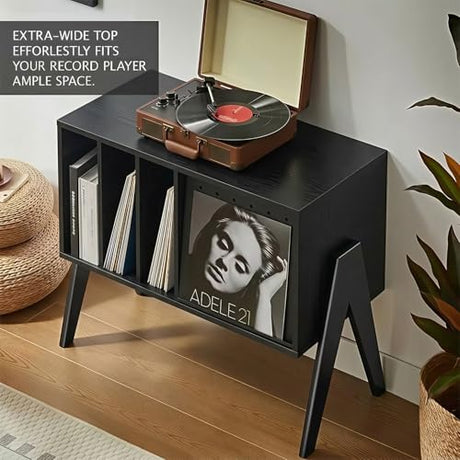 Record Player Stand with Vinyl Storage, 32" Turntable Stand with Flip-Up Album Display, Mid Century Modern Black Vinyl Record Storage Cabinet, Audio Media Console Table with V-Shape Legs FurnPulse