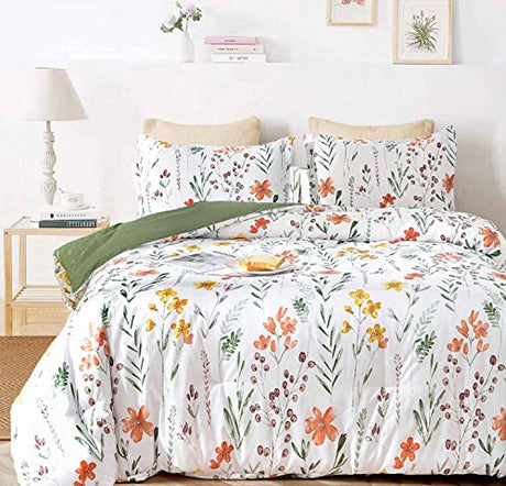 Twin Size Comforter Set, White Yellow Floral, Green Leaf Pattern Print Reversible Down Alternative Bed Sets - 68 x 90 2PC Soft Microfiber Flower Duvet Vintage Farmhouse Bedding in a Bag for Women Men Faincy