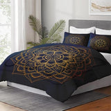 WeCozy Queen Size Comforter Set with 2 Pillowcases, Navy Blue Boho Gold Mandala Soft 3 Pcs Bedding for Kids and Adults Bedroom Bed Decor WeCozy