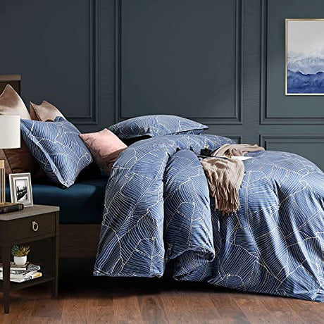 Eikei Modern Vintage Retro Mod Print Bedding Egyptian Cotton Duvet Cover Set Minimalist Chic Botanical Design Asian Zen Style Reversible Pattern in Full Queen or King Size (Palm Leaf, Super King) Eikei