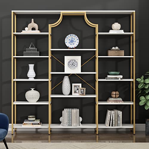 Loomie Gold & White Triple Wide Bookshelf with 13 Open Shelves - Modern Etagere Bookcase for Any Room - WoodArtSupply