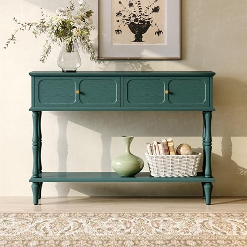 ARTPOWER Mid-Century Console Table for Entryway with 2 Drawers, Green Entryway Table with Storage Cabinets and Open Shelf, Narrow Long Couch Table Behind Sofa for Living Room, Foyer, Hallway ARTPOWER