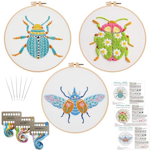 Louise Maelys 3 Sets Beetle Embroidery Kits for Beginners,Cross Stitch Kit for Adults,DIY Needlepoint for Starters Including Flowers Pattern, Hoop,Instruction and Threads