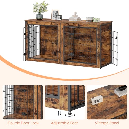 HOOBRO Dog Crate Furniture for 2 Dogs, 63" Large Double Dog Crate Furniture with Divider, Wooden Indoor Kennel TV Stand for Medium Large Dogs, Rustic Brown BF55GW03 HOOBRO