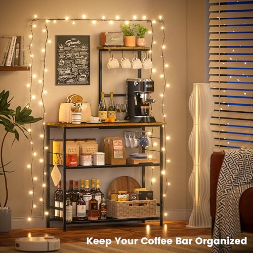 3IngSeagulls Bakers Rack with Storage, Kitchen Microwave Stand with Adjustable shelf and 6 S Hooks, 4-Tier Coffee Station Table, Kitchen Shelves for Spices, Pots, Rustic Brown