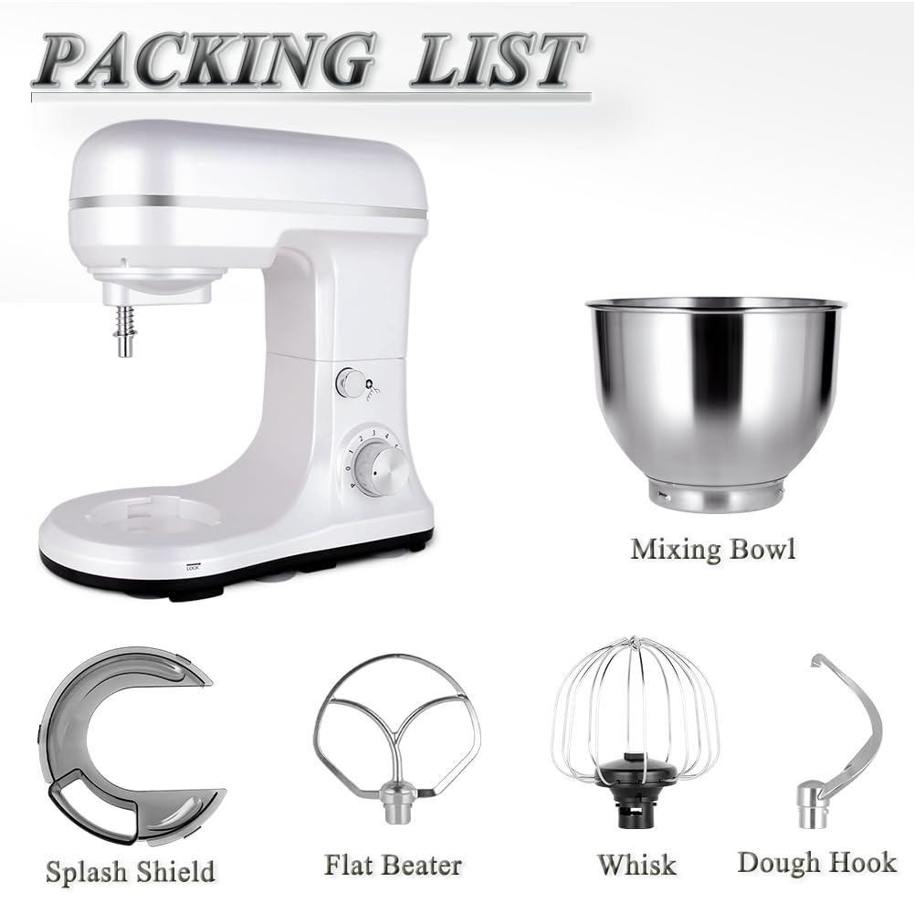 MURENKING Stand Mixer 5-QT, 6+P Speed Tilt-Head Food Mixer 300W Dough Mixer with Stainless Steel Bowl,Dough Hook,Flat Beater&Whisk Electric Kitchen Mixer for Household Baking, Anti-Slip(Pearl White) murenking