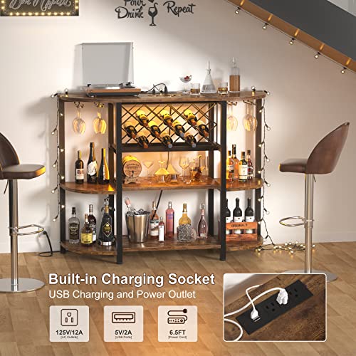Unikito Rustic Brown Wine Rack Table with LED Lighting and Power Outlets Unikito