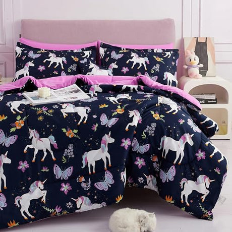 Mooreeke Kids Comforter Bed Set Twin Size for Girls, 6 Pieces Bed in a Bag with Shams, Sheet Set, Purple Pink Unicorn Twin Soft Microfiber Kids Comforter Bedding Set Mooreeke