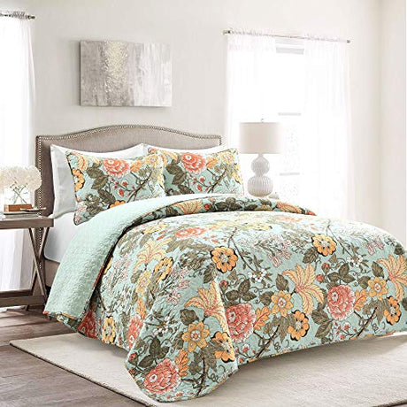 Lush Decor Sydney Reversible Cotton Quilt Set, 3 Piece Set, King, Blue & Green - Cotton Bedding Set - Blue Floral Quilt - Cottage Decor - Bedding King Size Lush Decor