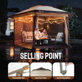 CROWN SHADES 13x13 Pop Up Gazebo with Mosquito Nettings, Patented Center Lock 6-Sided Portable Gazebo, 300D Silver-Coated Fabric UV Resistant, Pop Up Canopy Tent for Patio, Party, Beige&Coffee CROWN SHADES