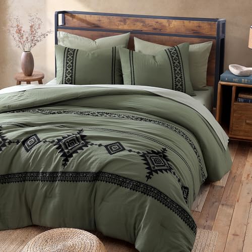MaiRêve Embroidery Comforter Set, Boho Farmhouse Western Bedding Set, All Season Bed in A Bag Comforter Set with Sheets, Pillowcases & Shams, Olive Green King 7 Pieces MaiRêve