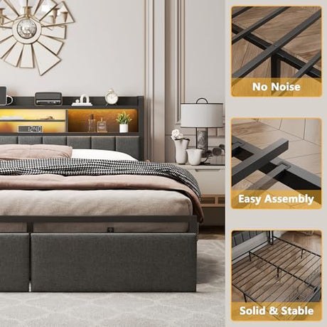 Furnulem King Bed Frame with Wood Headboard & Storage Drawers, Metal Platform Bed Frames King Size with LED Lights, Built in Charging Station, No Box Spring Needed, No Noise, Easy Assembly, Black Furnulem