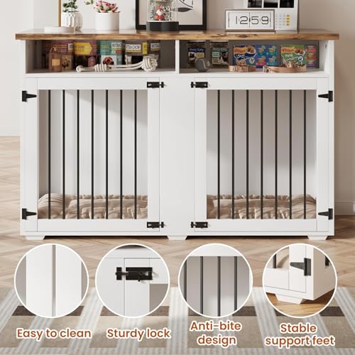 55'' Dog Crate Furniture for 2 Dogs, Wooden Dog Cage with Storage Compartment, Indoor Dog Kennel with 2 Doors for Large/Medium Dogs, White REVOMINCA