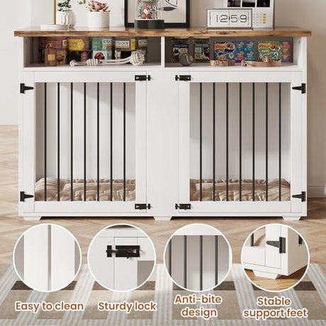 55'' Dog Crate Furniture for 2 Dogs, Wooden Dog Cage with Storage Compartment, Indoor Dog Kennel with 2 Doors for Large/Medium Dogs, White REVOMINCA
