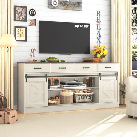 chartustriable 70” Large Long Buffet Sideboard Cabinet w/4 Drawer,Farmhouse Buffet Storage Cabinet,Sliding Door,Buffet, Credenza for Living Room,White chartustriable