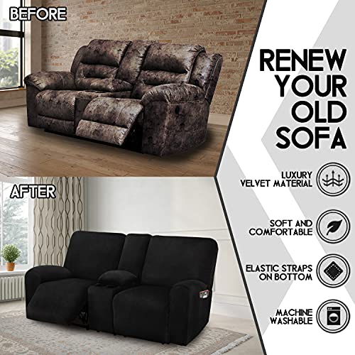 ULTICOR Reclining Loveseat with Middle Console Slipcover, 8-Piece Velvet Stretch Loveseat Reclining Sofa Covers, 2 Thick, Soft, Washable, Covers ONLY (Black) ULTICOR