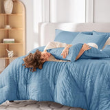 MUXHOMO 7 Pieces King Comforter Set, Seersucker Bed in a Bag King Size, All Season Luxury Bedding Set with Comforter, Flat Sheet, Fitted Sheet, Pillowcases & Shams, Mineral Blue MUXHOMO
