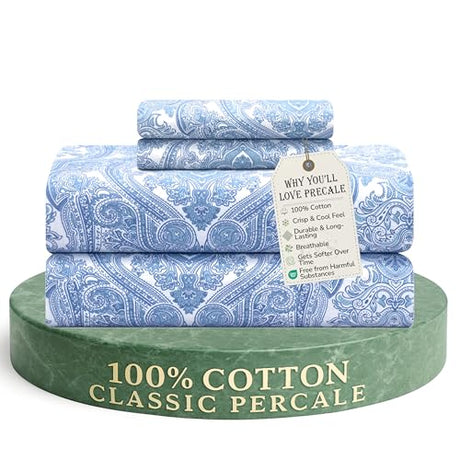 Feather & Stitch Softest 100% Cotton Sheets, 300 Thread Count Percale Weave Bedding, 16" Deep Pocket, Cooling Sheets, Breathable Bed Set, Hotel Premium Quality (King Blue Paisley) FEATHER & STITCH NEW YORK
