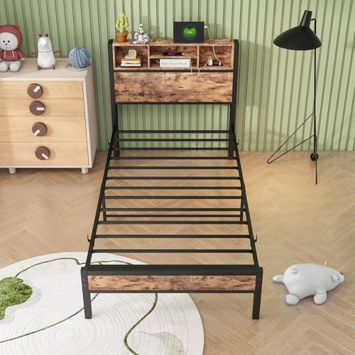 Twin XL Bed Frames with Headboard Storage, Twin Bed Frame with Charging Station, Single Bed Frame with Heavy Duty Metal Slats, No Box Spring Need, Easy Assembly, Rustic Brown Doredo