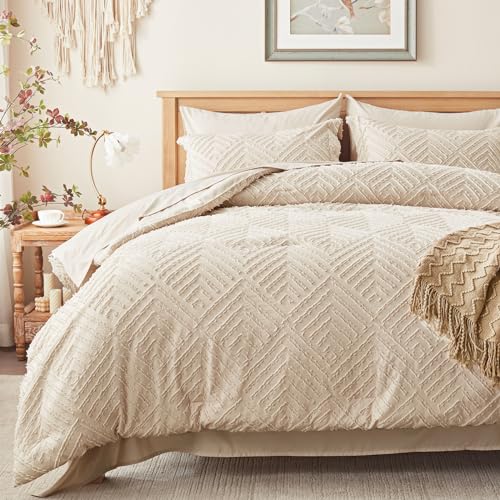 Zzlpp King Size Comforter Set 7 Pieces, Beige Tufted Bed in a Bag with Comforter and Sheets, All Season Boho Bedding Sets with 1 Comforter, 2 Pillow Shams, 2 Pillowcases, 1 Flat Sheet, 1 Fitted Sheet Zzlpp