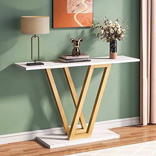 Tribesigns Gold Console Table, Modern Hallway Table for Entryway, 43 Inch Entryway Tables Narrow Sofa Table for Living Room, Stable Metal Frame & Easy Assemble, Faux Marble White Tribesigns