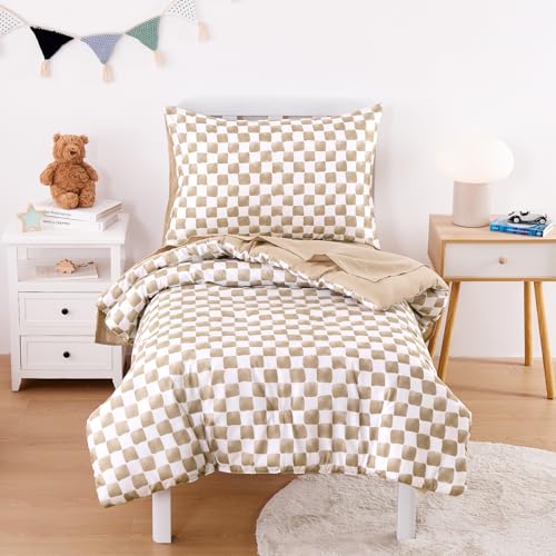 Wake In Cloud - Toddler Bedding Set for Boys Girls, Cute Gingham Grid Checkered, 4 Pieces Soft Crib Bed Set Including Comforter, Sheets and Pillowcase, Brown White Wake In Cloud