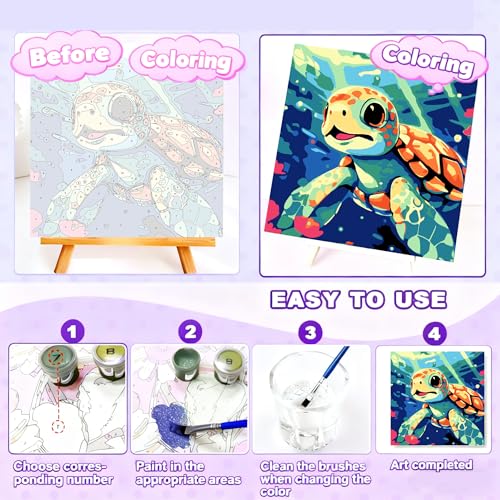 Gemozaic Sea Turtle Paint by Numbers Kit for Kids with Frame and Easel, Kids Paint by Number on Canvas for Age 4-8, 8x8 Inch Gemozaic